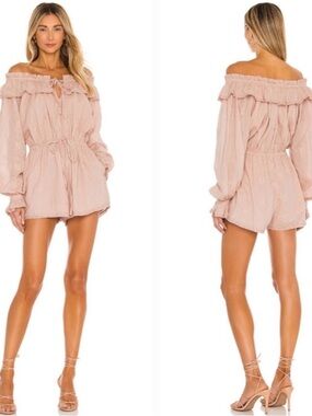 Tularosa Kai Romper Medium Pink Off The Shoulder Ruffle Long Sleeve Blush Cotton